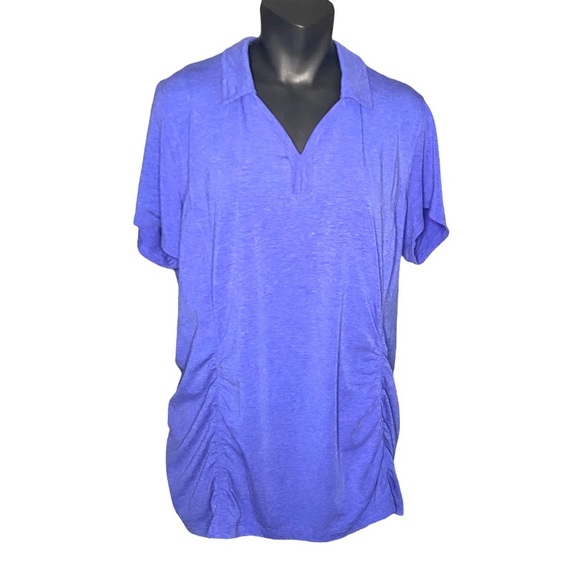 Duluth Trading Co Indigo Blue ruched short sleeve collared tee shirt v neck XL - Picture 1 of 5